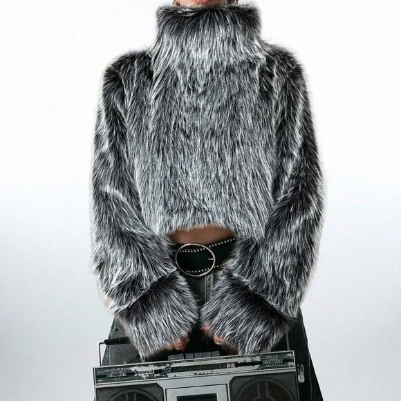 Black/Gray Casual Women's Faux Fur High Collar pullover top shirt